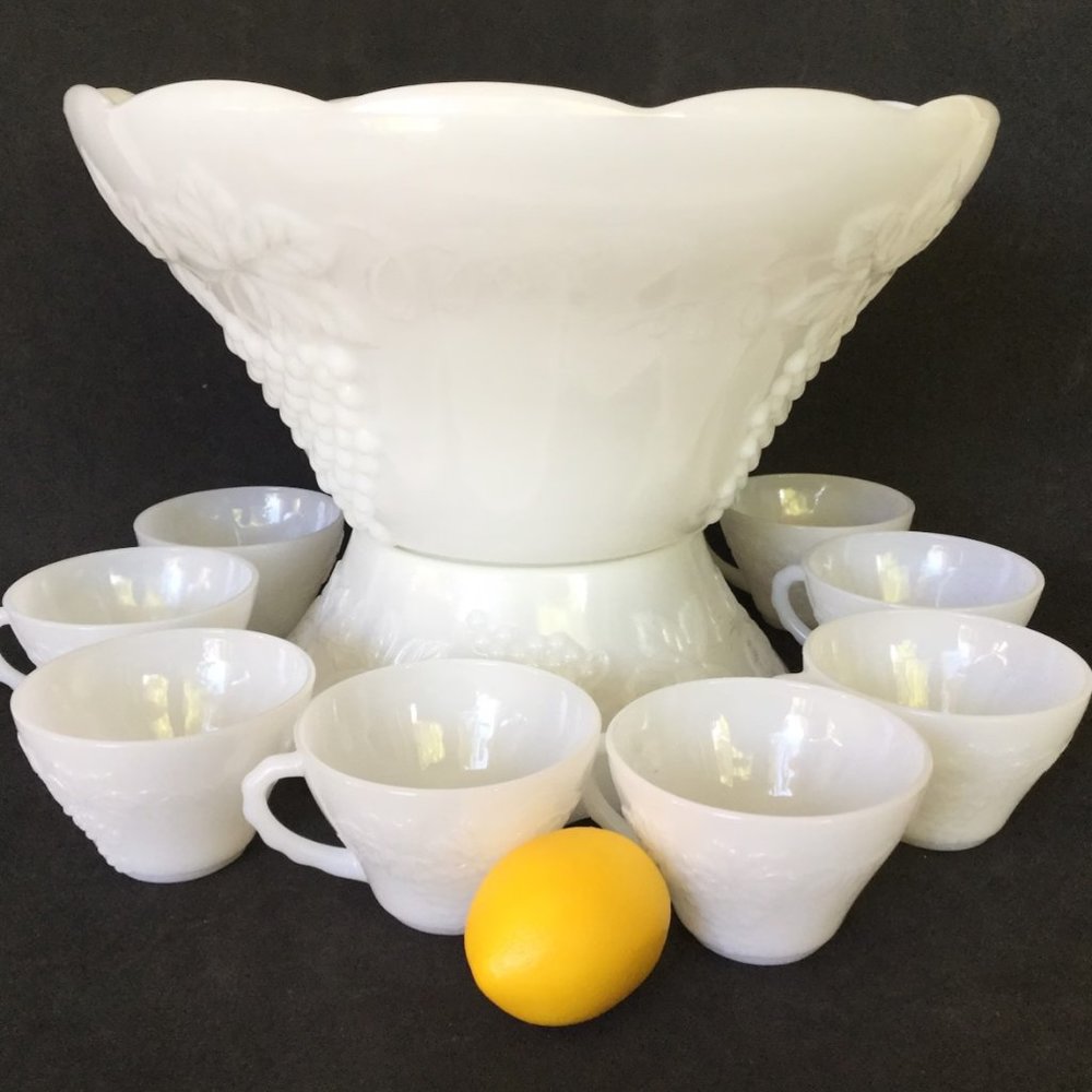 Anchor Hocking milk glass Harvest Grape pattern Salad/Punch Bowl with pedestal